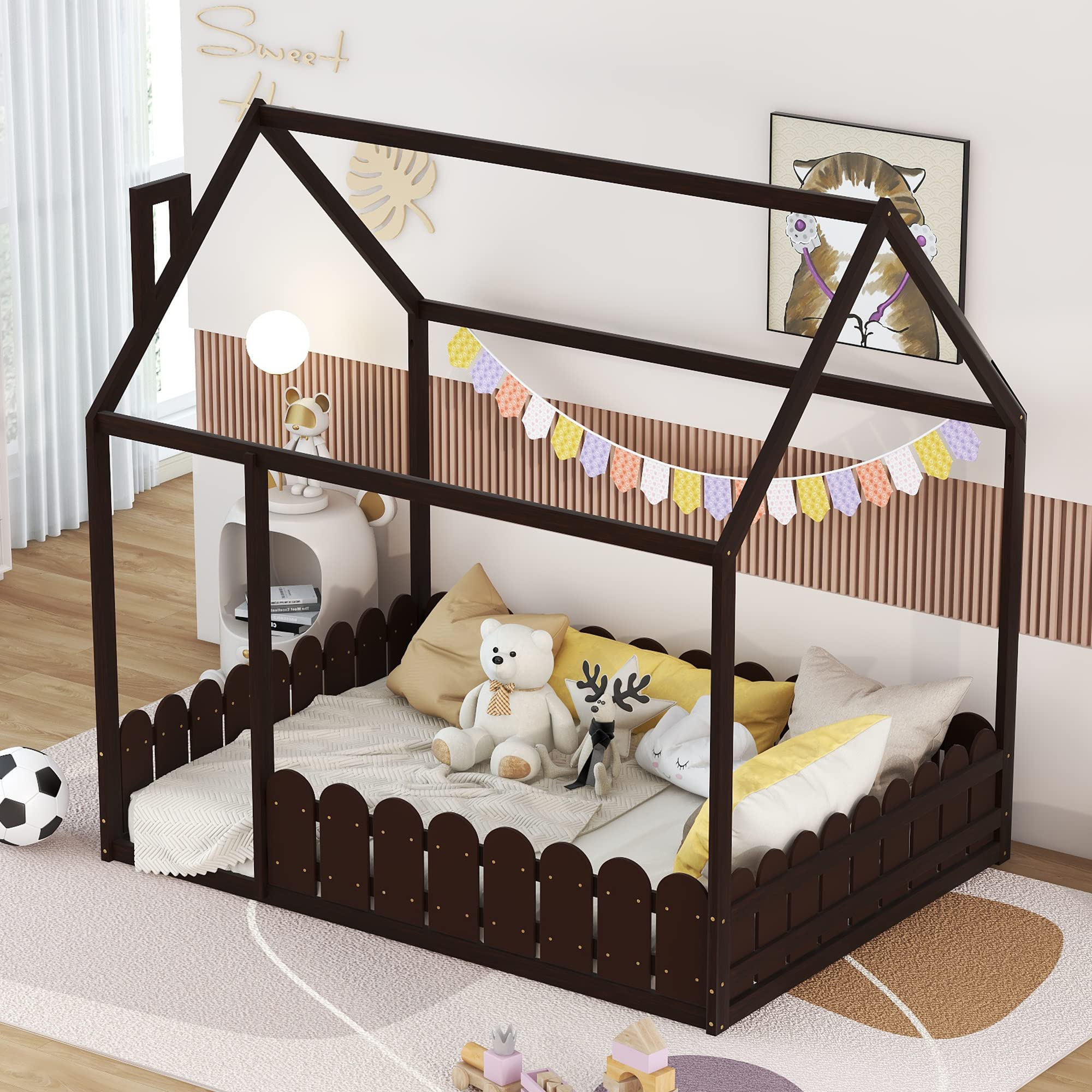 MERITLINE Full Size House Bed with Fence, Wooden Kids Montessori Beds with Roof, Playhouse Bed Frame for Toddlers Girls Boys Teens (Espresso)