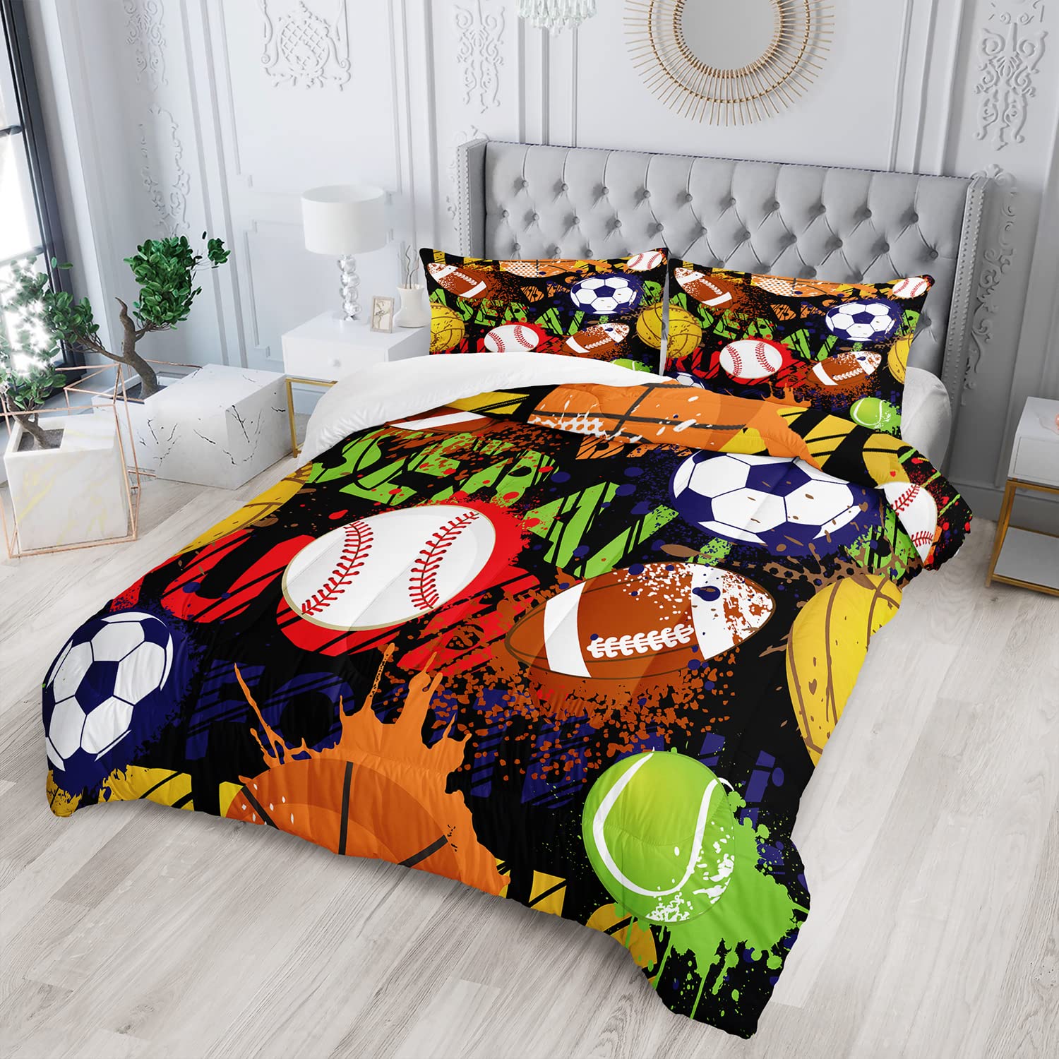 AILONEN Football Comforter Set for Teen Boys, Sport Bed in a Bag Bedding Sets,Basketball Theme Quilted Duvet Twin Size for Boys,1 Comforter 2 Pillowcases 3 Piece