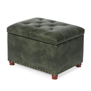 joveco storage ottoman rectangular tufted upholstered ottomans with rivet, footrest footstool seat with wood legs for living room bedroom (black green)