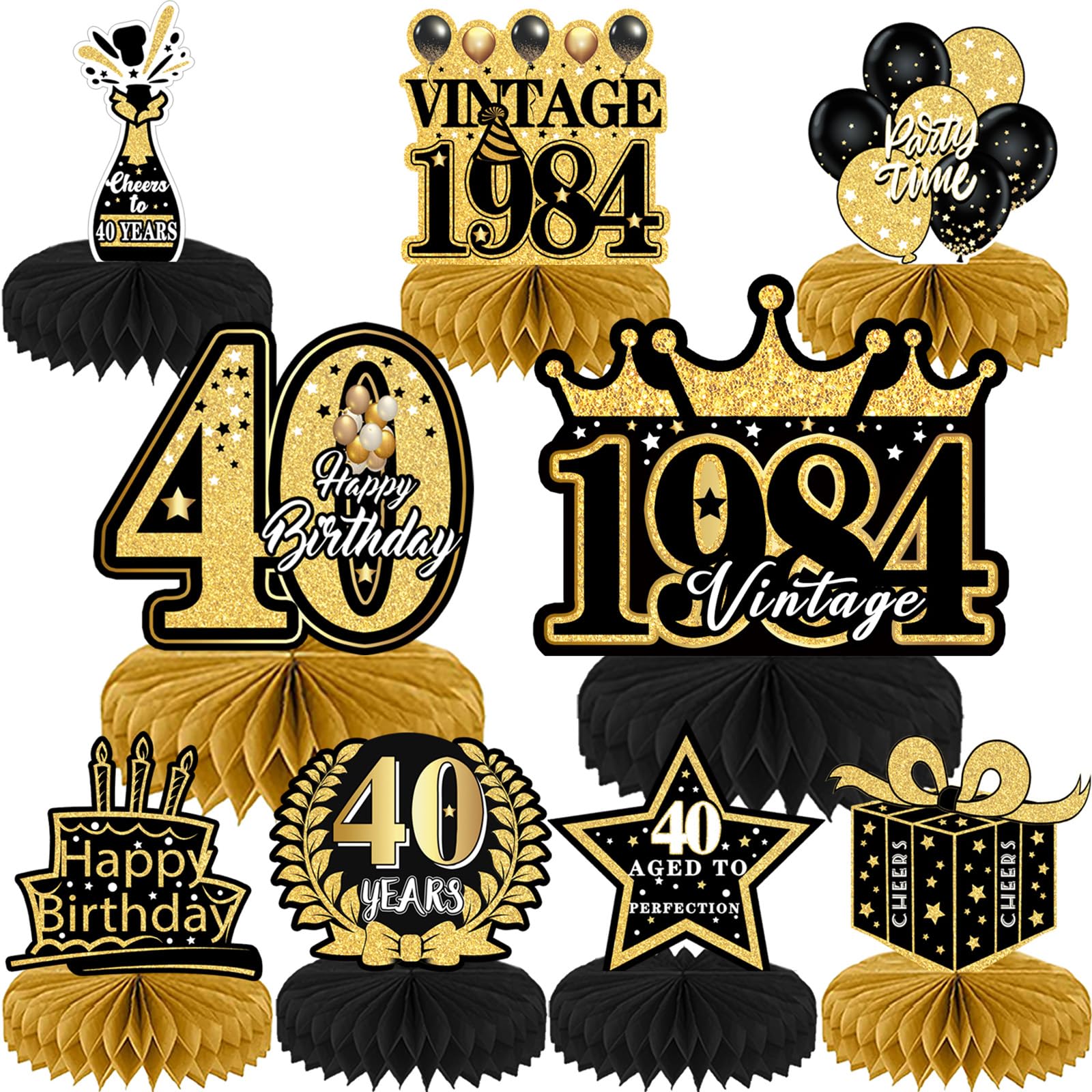 Refavor 9Pcs 40th Birthday Party Decorations - 40th Birthday Decorations for Men Women Black Gold Party Supplies Decorations Table Honeycomb Centerpieces Over the Hill Aged to Perfection Decor