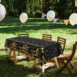 durony 2 Pack 60th Birthday Tablecloth Table Cover Plastic Black Gold Happy Tablecloth Waterproof Rectangular Table Cloth Cover for Indoor or Outdoor Parties Birthday