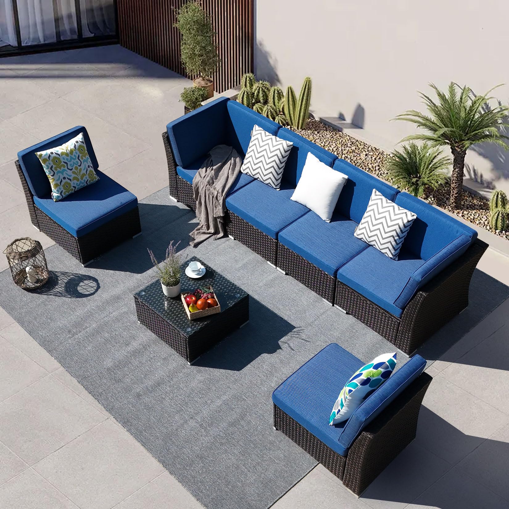 TiuBroe 7 Pieces Patio Furniture Sets, Outdoor PE Rattan Sectional Sofa Conversation Set, All Weather Conversation Set w/6 Seat Cushions and 1 Coffee Table (Light Gray)