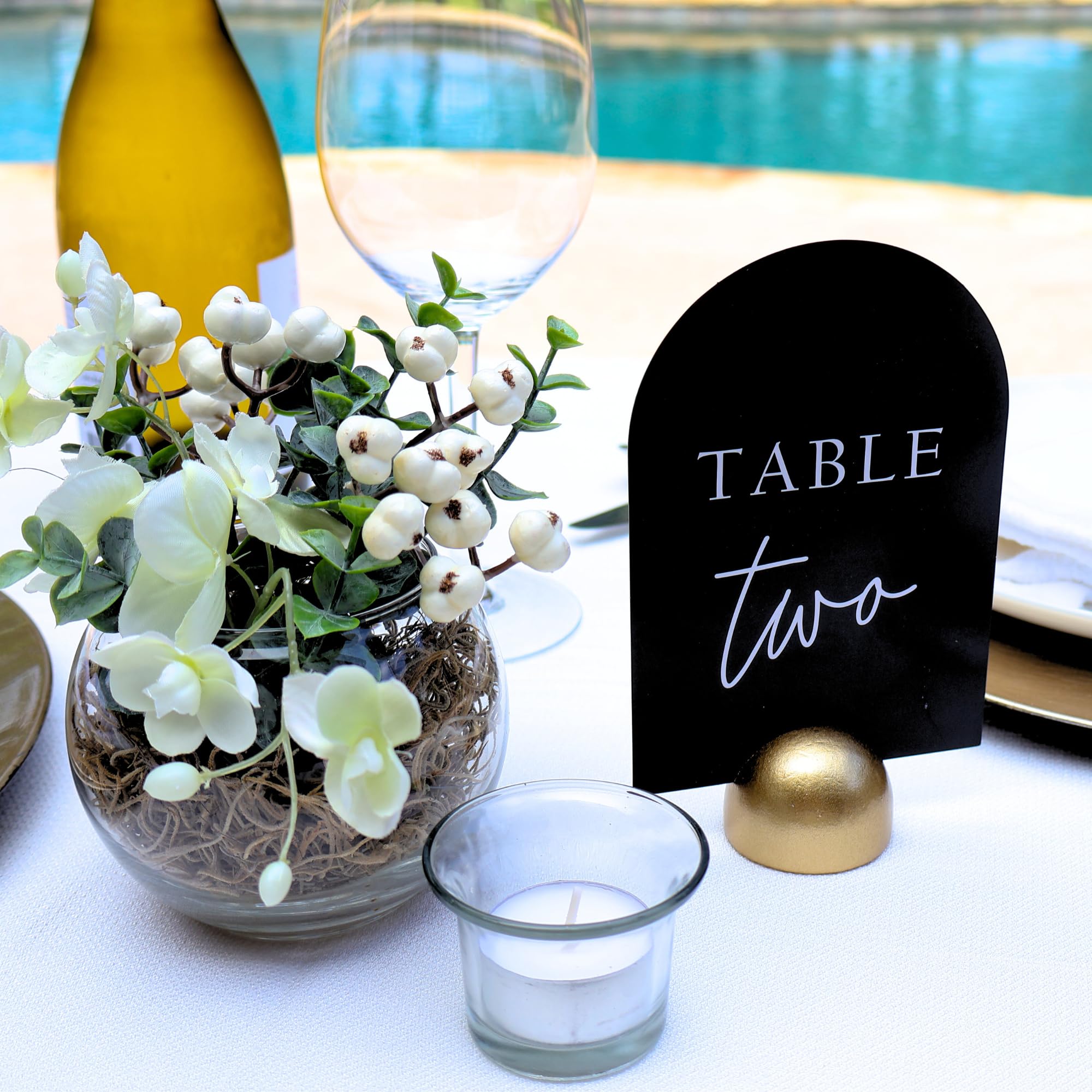 Hanna Roberts Modern Cursive Table Number Black Card Stock Half Circle Signs with Round Stand for Wedding Reception, Restaurant, Event Party, 4" x 6" (Gold, Set of 10, Numbers 1-10)