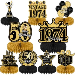 refavor 9pcs 50th birthday decorations - black gold 50th birthday party decorations for men women vintage table decor supplies honeycomb centerpieces happy 50 years birthday decoration decor