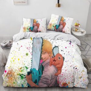 akardo chainsaw demon denzi anime duvet cover, soft microfiber washed duvet bed set 3 pieces with zipper closure, anime bedding set (21,twin (68"x86"))