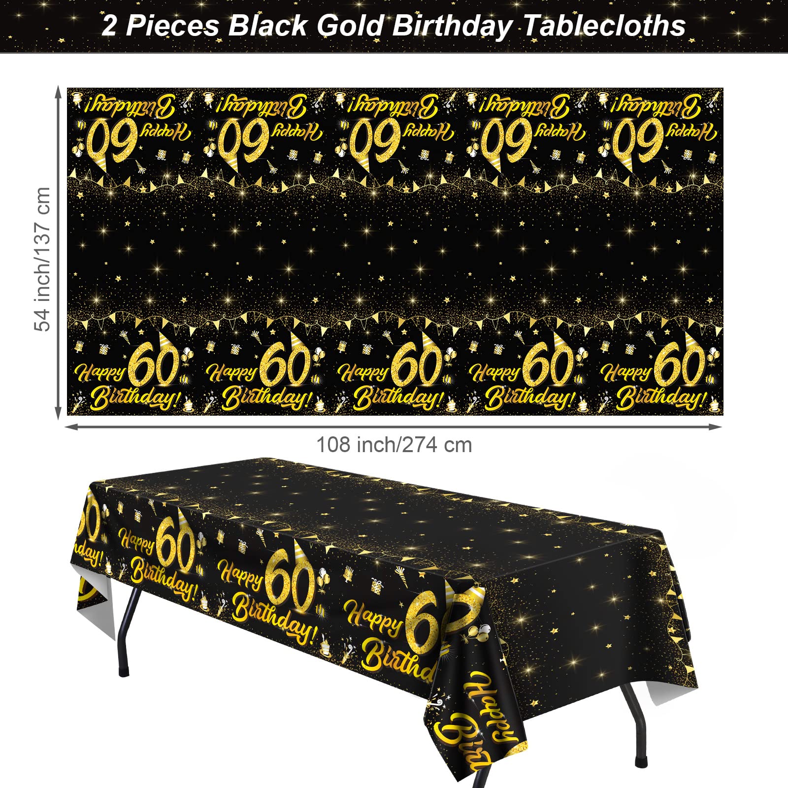 durony 2 Pack 60th Birthday Tablecloth Table Cover Plastic Black Gold Happy Tablecloth Waterproof Rectangular Table Cloth Cover for Indoor or Outdoor Parties Birthday