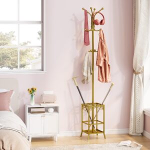 Hoctieon Coat Rack Freestanding, Coat Hanger Stand,Umbrella Holder, Hall Tree With 12 Hooks, Standing Coat Rack,Floor Standing Metal Umbrella Tree Stand, Gold