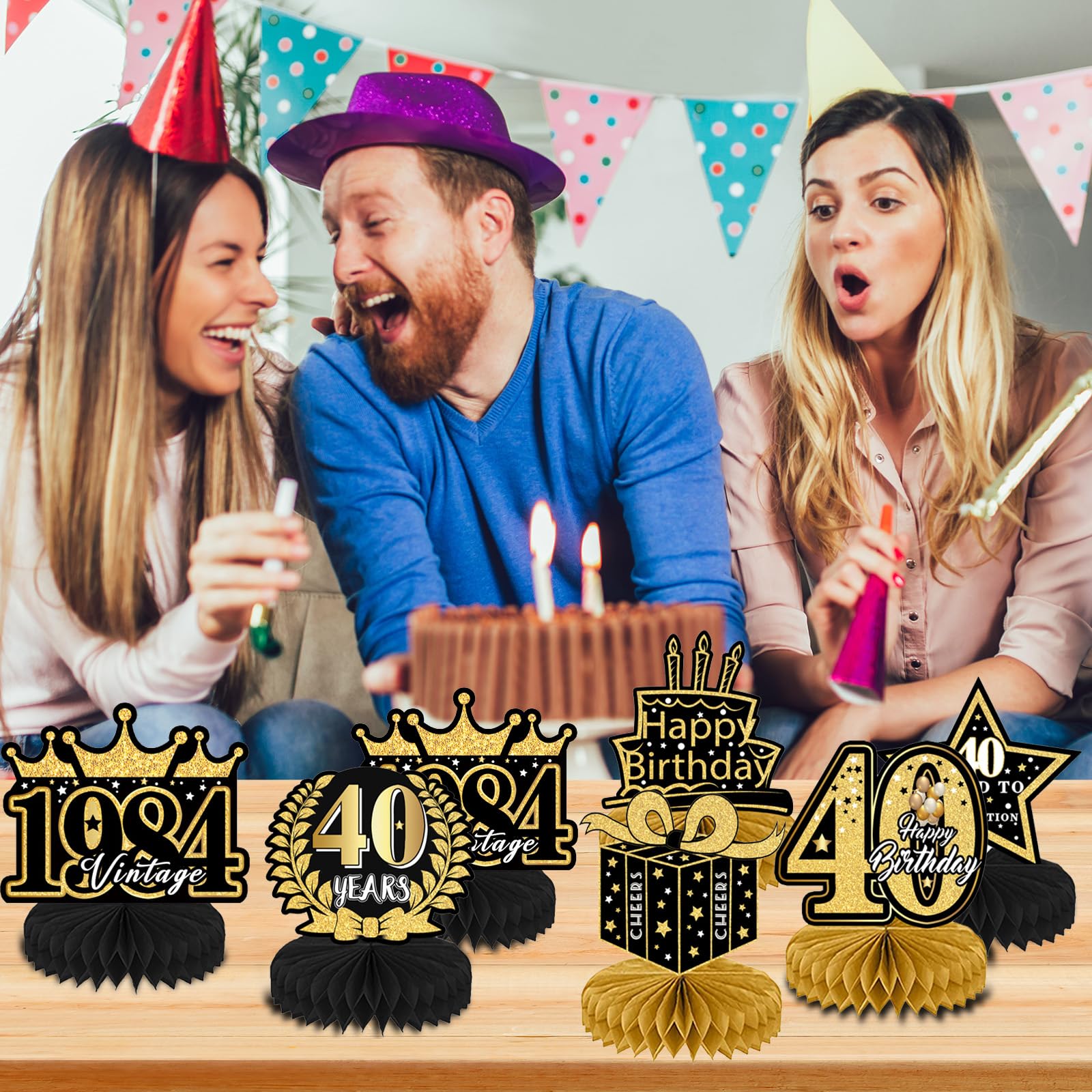 Refavor 9Pcs 40th Birthday Party Decorations - 40th Birthday Decorations for Men Women Black Gold Party Supplies Decorations Table Honeycomb Centerpieces Over the Hill Aged to Perfection Decor