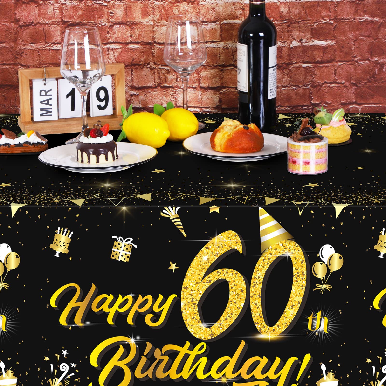 durony 2 Pack 60th Birthday Tablecloth Table Cover Plastic Black Gold Happy Tablecloth Waterproof Rectangular Table Cloth Cover for Indoor or Outdoor Parties Birthday