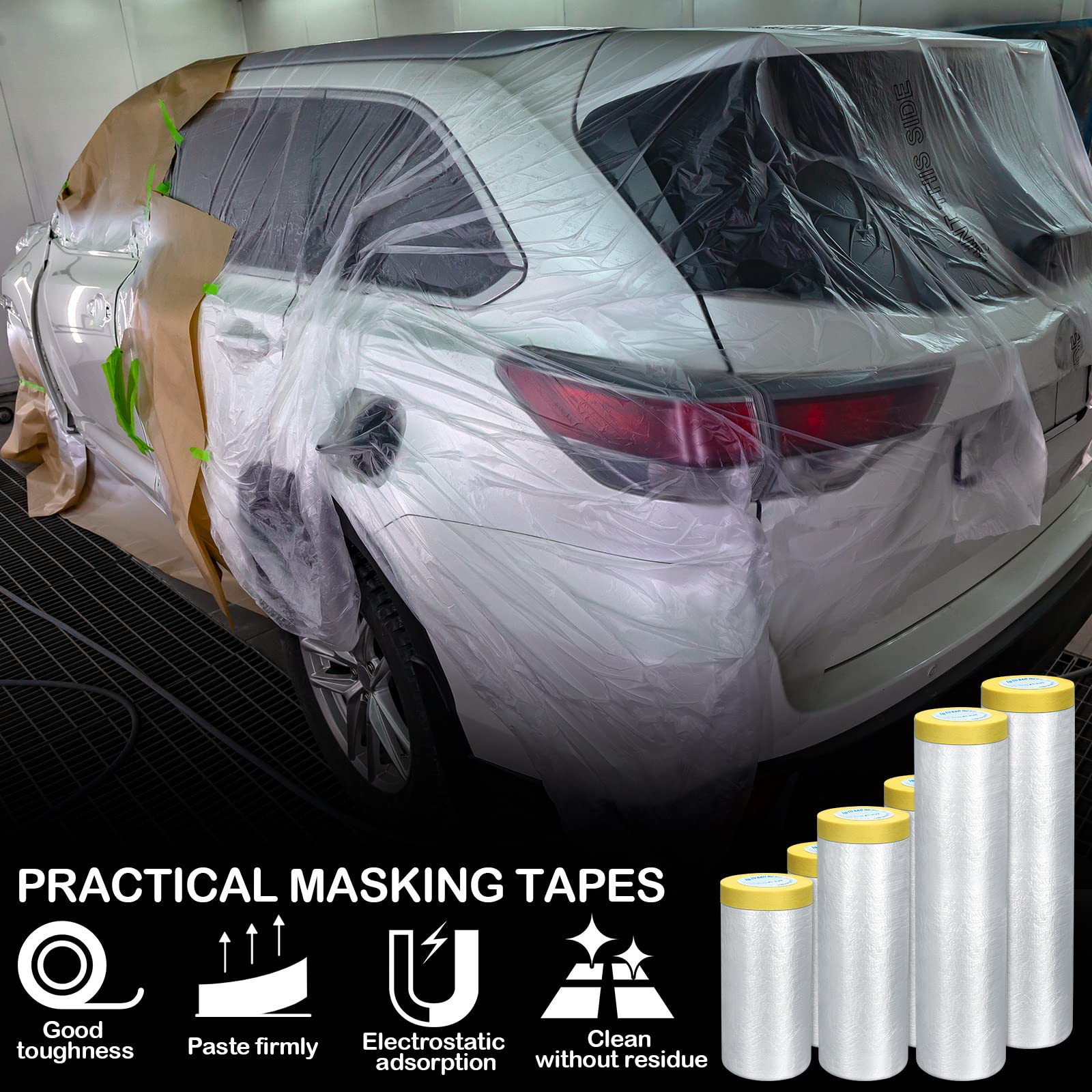 12 Rolls Assorted Plastic Sheeting Pre Taped Masking Film Clear Masking Paper for Automotive Painting Covering Painting Supplies, 3 Multi Sizes x 66 Feet/roll