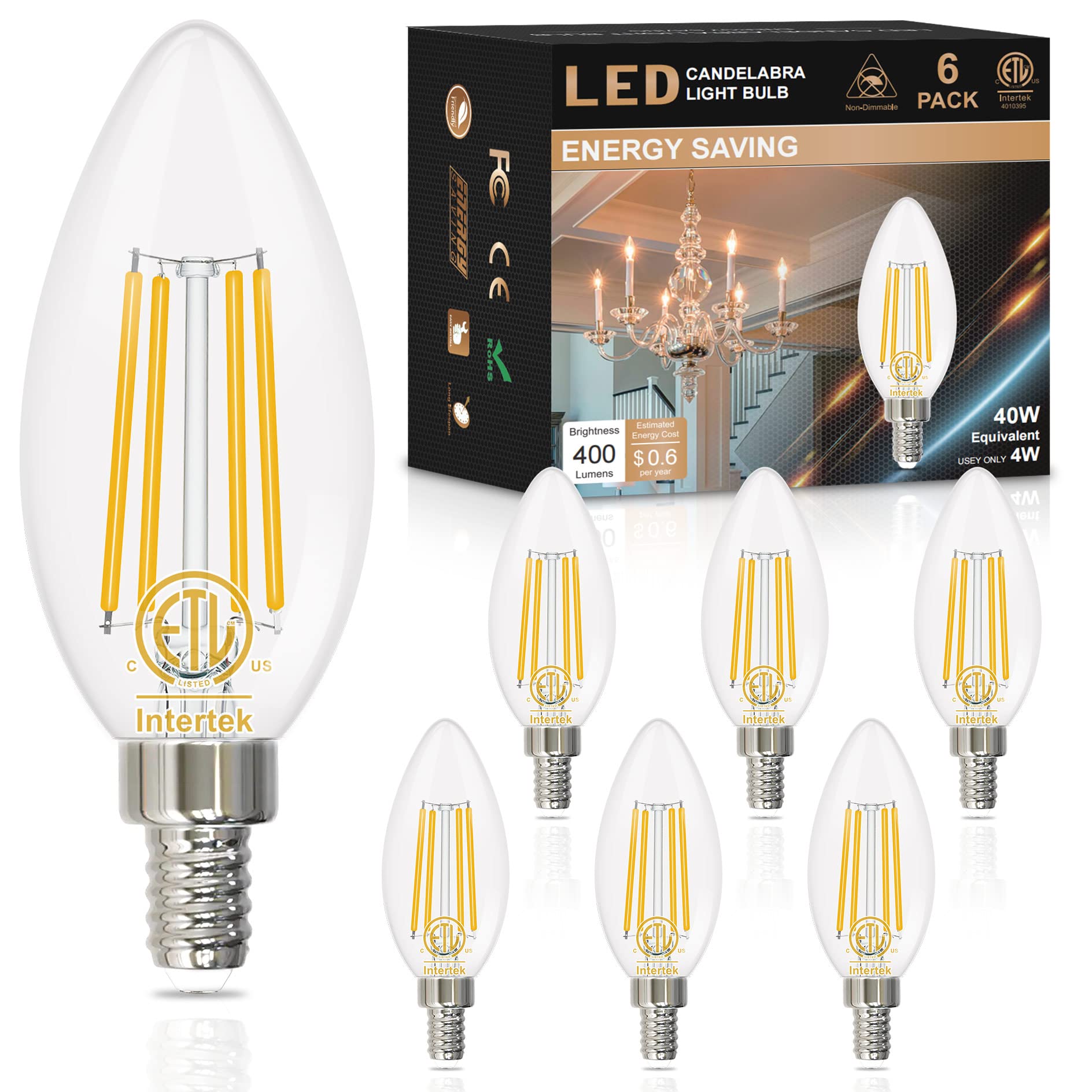 hansang E12 LED Candelabra Bulb 2700K Warm White, 40W Equivalent Type B Light Bulbs, 4W Candle Shape B11 LED Bulb for Chandelier, LED Filament with Clear Glass, 120V, 400LM, 6 Pack, Non-dimmable