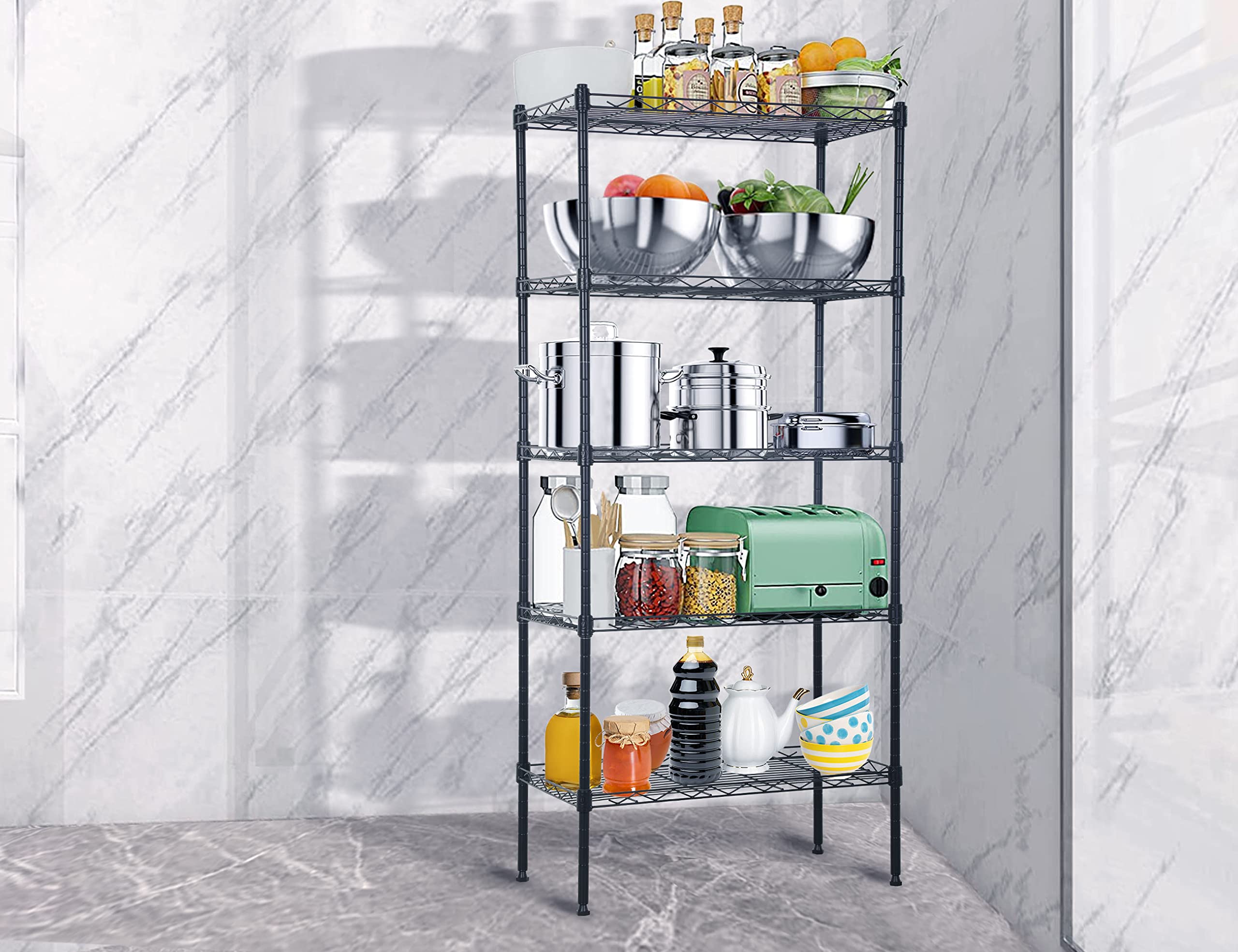 5-Tier Metal Wire Shelving Unit Snack Shelf Height Adjustable Storage Rack NSF Certified Storage Shelves 750 Lbs Capacity Standing Utility Shelf for Laundry Kitchen Pantry Garage Organization