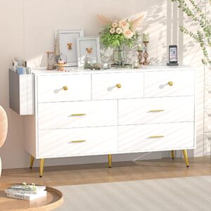 sospiro 7 drawer dresser for bedroom, modern white gold dresser with wide drawers and power outlets, long chest of drawers for living room hallway entryway, white