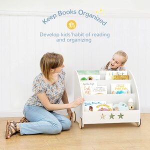 Curipeer Kids Bookshelf and Storage, Nursery Wooden Book Shelf for Kids with Wheels, 3-Tier Baby Bookshelf Display Organizer Gift, Children Bookcase in Playroom, Nursery, Bedroom, White