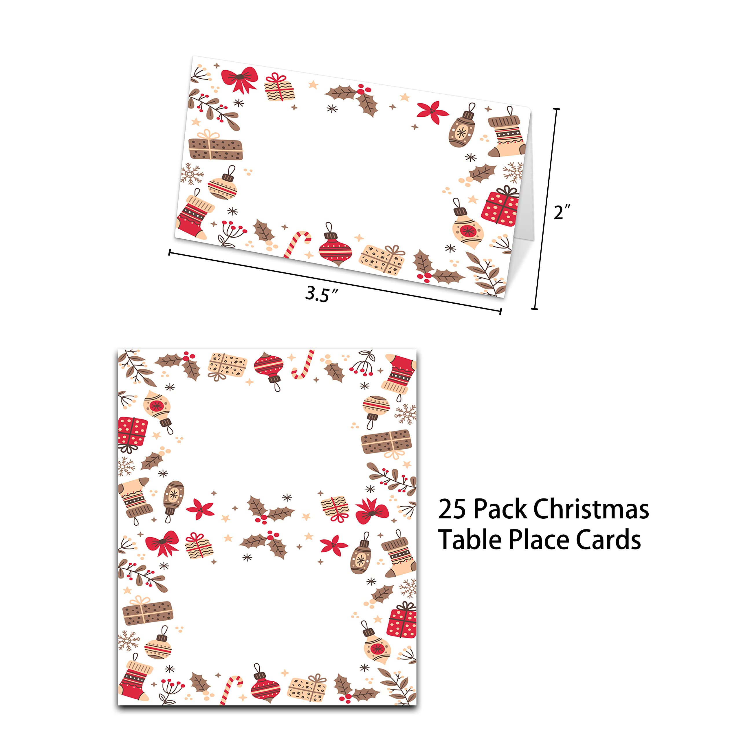 Christmas Table Place Cards, Xmas Blank Seating Place Card for Table, 25 Pack Buffet Food Tent Labels, Double Design Name Cards, Scored for Easy Folding, Christmas Party Decorations(05)