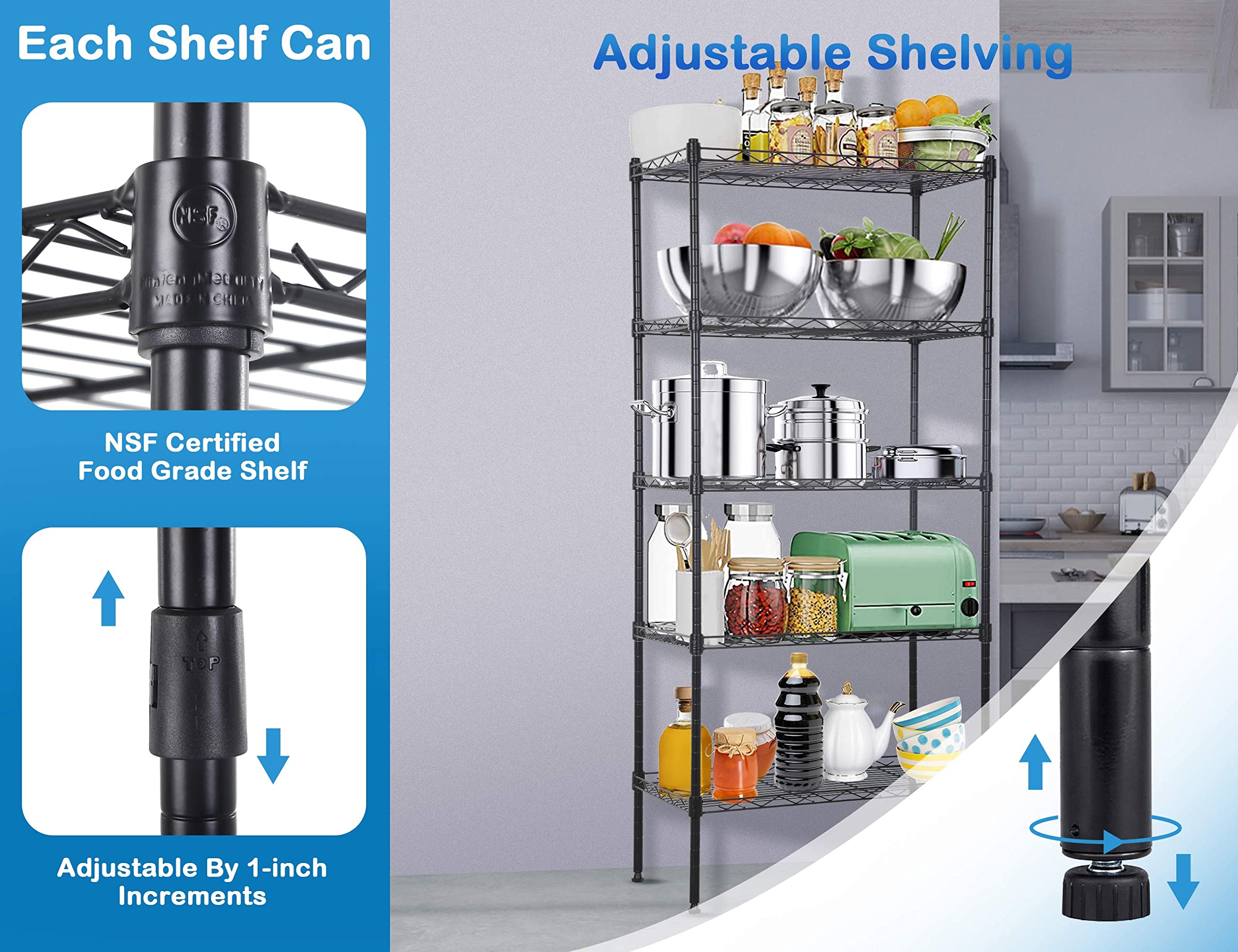 5-Tier Metal Wire Shelving Unit Snack Shelf Height Adjustable Storage Rack NSF Certified Storage Shelves 750 Lbs Capacity Standing Utility Shelf for Laundry Kitchen Pantry Garage Organization