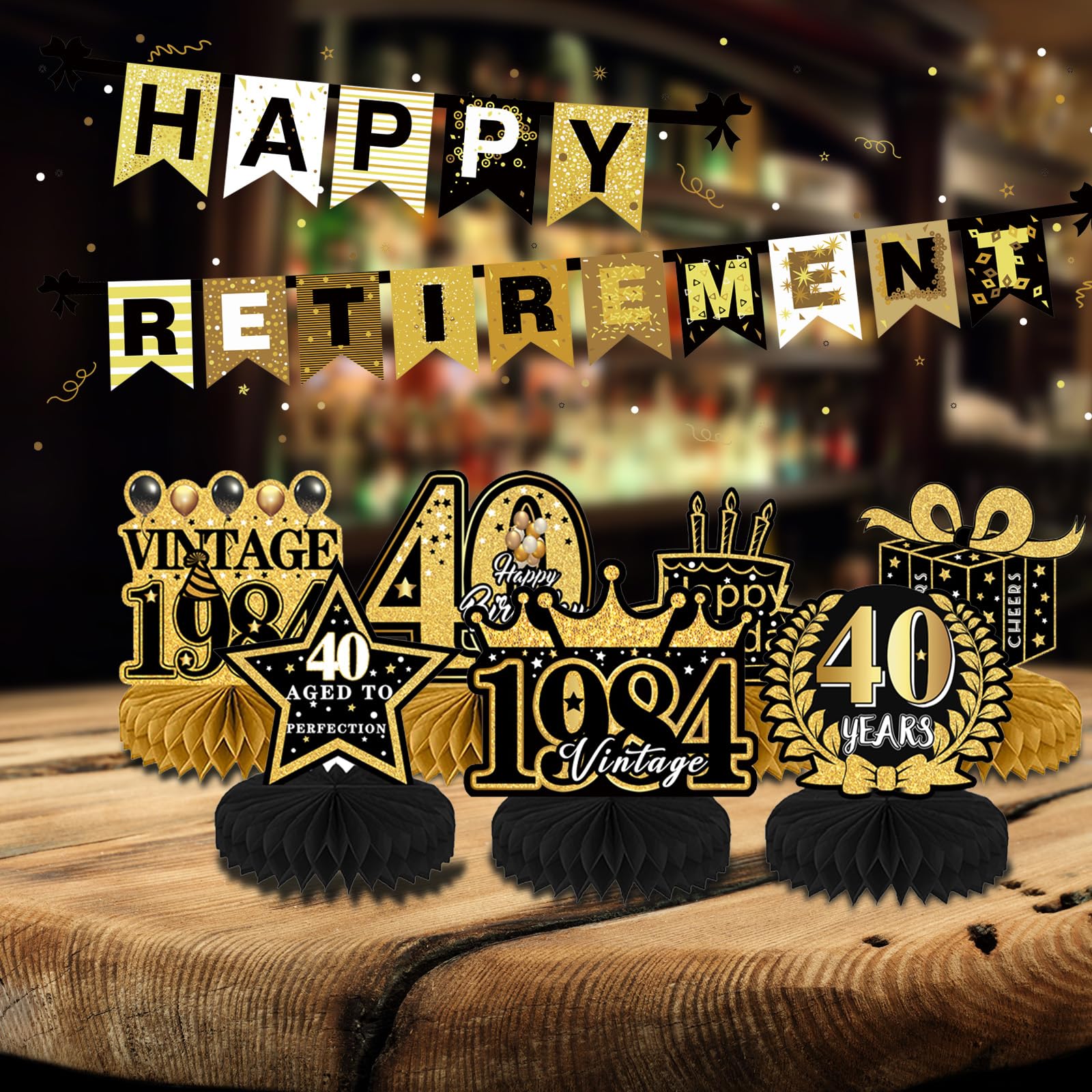 Refavor 9Pcs 40th Birthday Party Decorations - 40th Birthday Decorations for Men Women Black Gold Party Supplies Decorations Table Honeycomb Centerpieces Over the Hill Aged to Perfection Decor