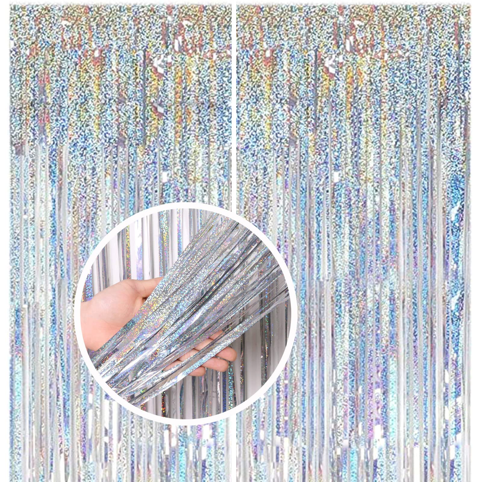 Capesaro Metallic Tinsel Foil Fringe Curtains,3.2 ft x 8.2 ft Shimmer Curtain Streamers Party Photo Backdrop for Birthday Wedding Party Baby Shower Decorations(Silver,Pack of 4)