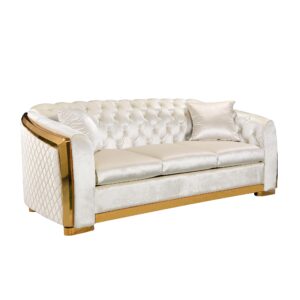 kevinplus 81'' Velvet Chesterfield Sofa Couch for Living Room, Modern Tufted Upholstered 3-Seat Sofa Couch with Stainless Steel Gold Plating Decoration for Apartment Office, Beige & Gold