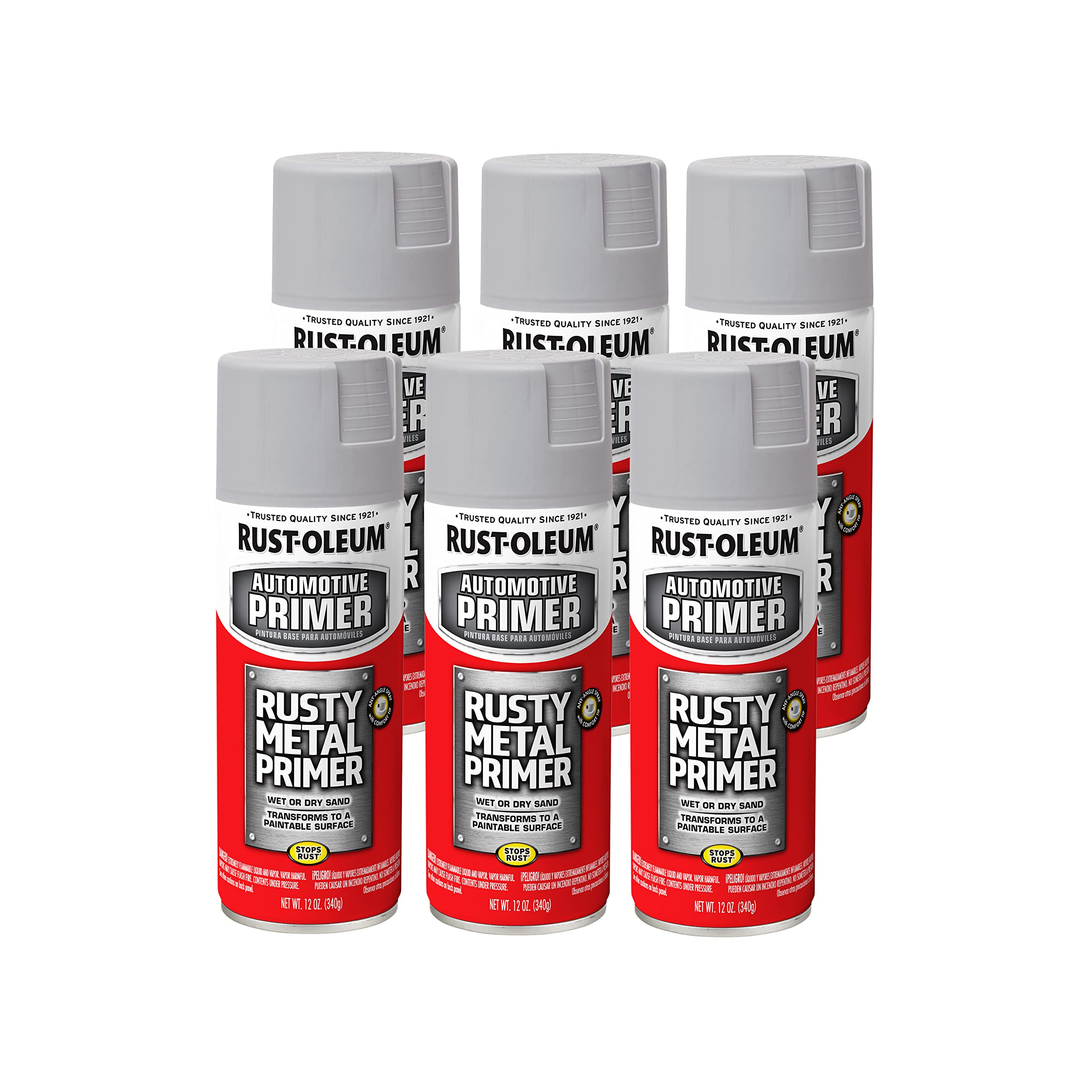 Rust-Oleum 249331-6PK Automotive Rusty Metal Primer Spray Paint, 12 oz, Light Gray, 6 Pack