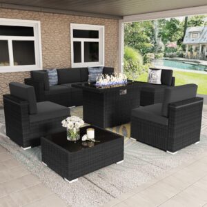 vakollia 8 pieces patio furniture set with 44" propane gas fire pit table, outdoor sectional wicker conversation sofa sets with coffee table