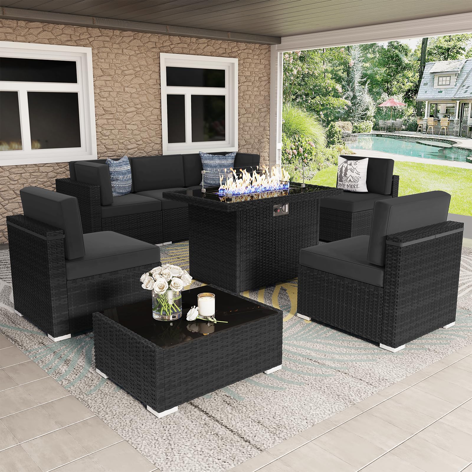 Vakollia 8 Pieces Patio Furniture Set with 44" Propane Gas Fire Pit Table, Outdoor Sectional Wicker Conversation Sofa Sets with Coffee Table