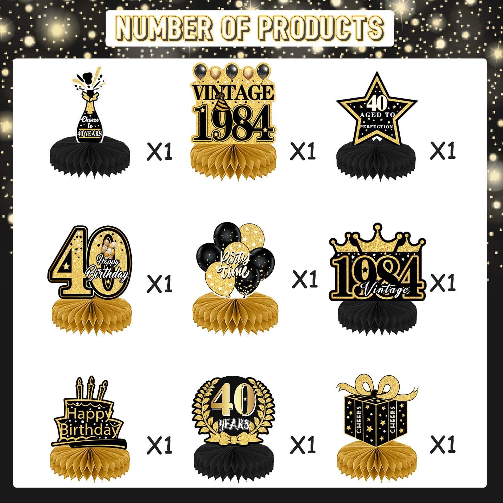 Refavor 9Pcs 40th Birthday Party Decorations - 40th Birthday Decorations for Men Women Black Gold Party Supplies Decorations Table Honeycomb Centerpieces Over the Hill Aged to Perfection Decor