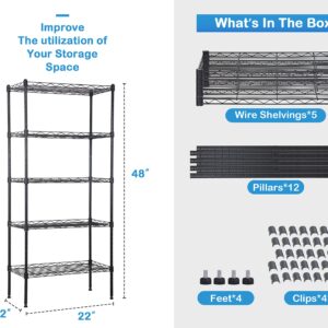 5-Tier Metal Wire Shelving Unit Snack Shelf Height Adjustable Storage Rack NSF Certified Storage Shelves 750 Lbs Capacity Standing Utility Shelf for Laundry Kitchen Pantry Garage Organization