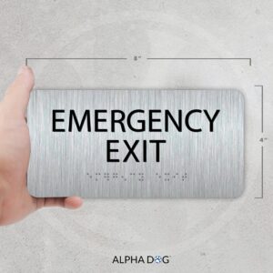 ALPHA DOG ADA SIGNS - Emergency Exit Sign with Braille for Your Business, 4x8 Inch, ADA Compliant, Indoor or Outdoor, Easy Installation, Made in the USA, Brushed Metal