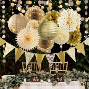 Gold Party Decorations Hanging Paper Fans Paper Lanterns Pom Poms Flower Pennant Banner for Rustic Wedding Neutral Baby Shower Bachelorette Graduation Birthday New Year Party Decoration