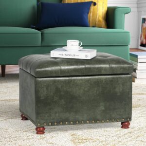 Joveco Storage Ottoman Rectangular Tufted Upholstered Ottomans with Rivet, Footrest Footstool Seat with Wood Legs for Living Room Bedroom (Black Green)