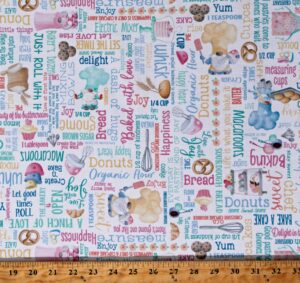 cotton gnomes freshly baked words kitchen baking ingredients food gnomebody bakes it better white cotton fabric print by the yard (12828-09)