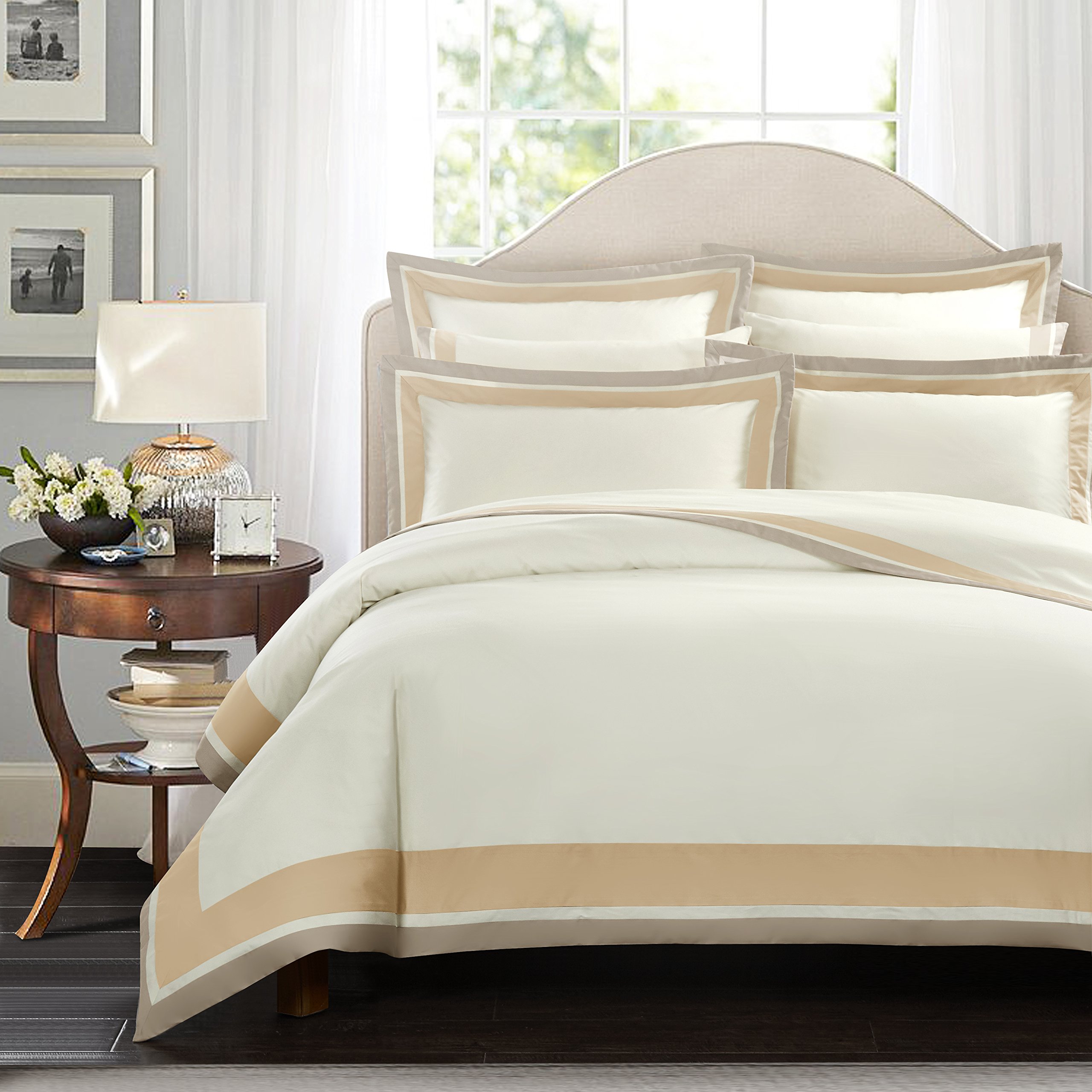 Casabolaj Shading 3 Pieces Duvet Cover Set Do Not Include Filling 100% Egyptian Cotton Sateen Luxury 400 Thread Count-Classic and Contemporary Frame Patchwork Cream/Beige/Champange (California King)