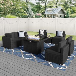 Vakollia 8 Pieces Patio Furniture Set with 44" Propane Gas Fire Pit Table, Outdoor Sectional Wicker Conversation Sofa Sets with Coffee Table