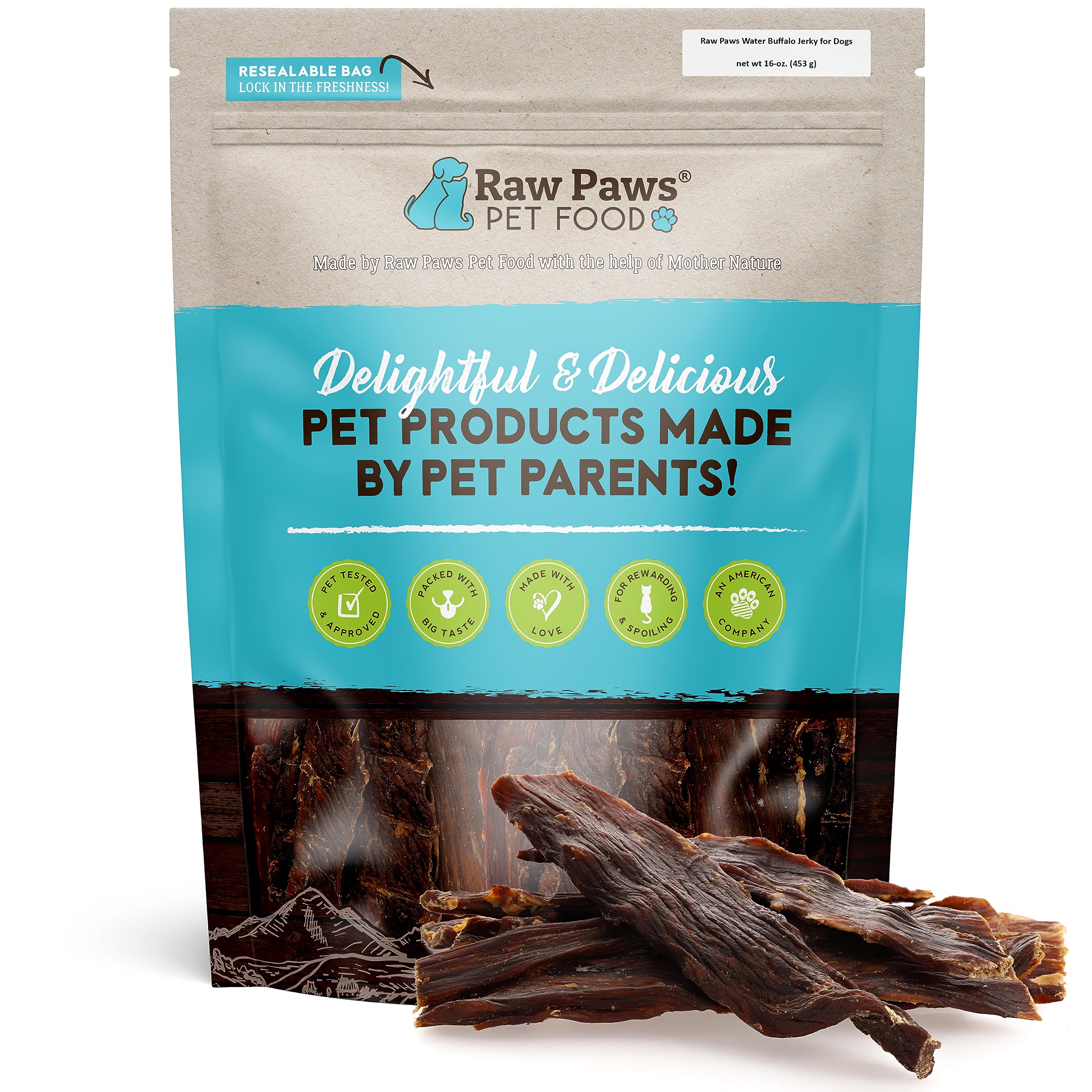 Raw Paws Water Buffalo Jerky Treats for Dogs, 16-oz - Packed in USA - Free-Range Pure Buffalo Meat - Beef Jerky for Dogs Alternative - Jerky Treats for Dogs - Jerky Sticks for Dogs, Dog Beef Jerky