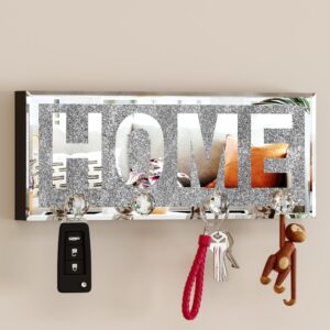 shyfoy crystal clear hooks key holder key hanger, sparkly mirrored home letters plaque sign for wall decor, silver mirror decoration wall art, wall mounted home decor