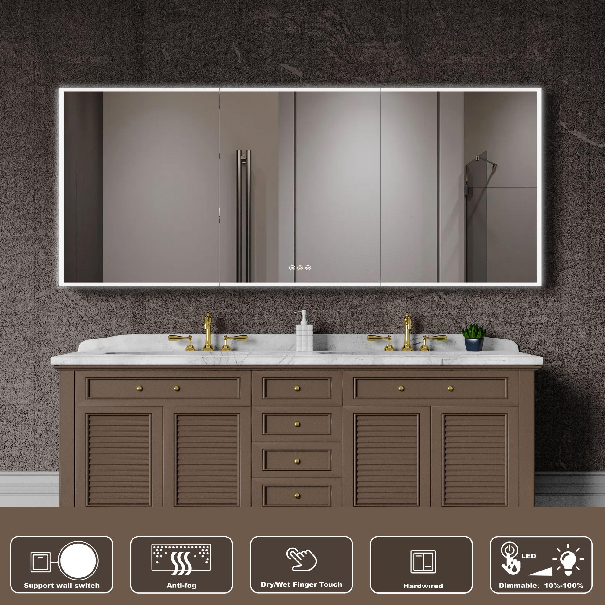 tunuo Medicine Cabinets for Bathroom with Mirror, 60”W x 36”H Wall Mounted LED Medicine Cabinet Mirror with Defogger, Dimmer, Outlets & USB, Three Doors