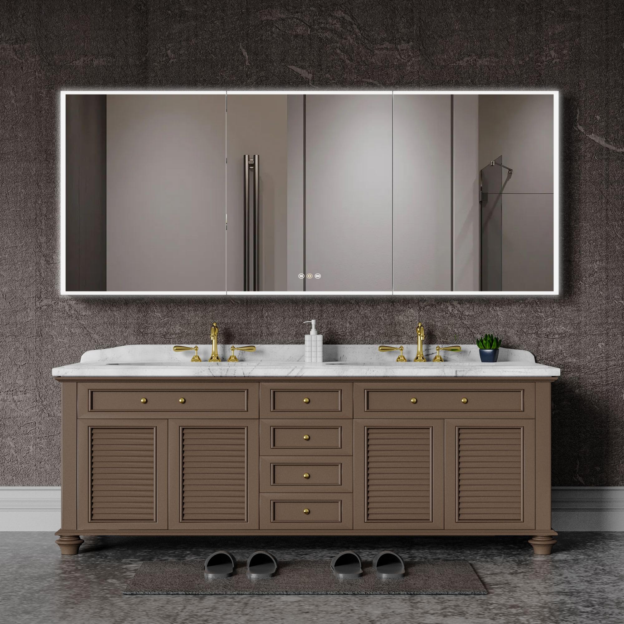 tunuo Medicine Cabinets for Bathroom with Mirror, 60”W x 36”H Wall Mounted LED Medicine Cabinet Mirror with Defogger, Dimmer, Outlets & USB, Three Doors