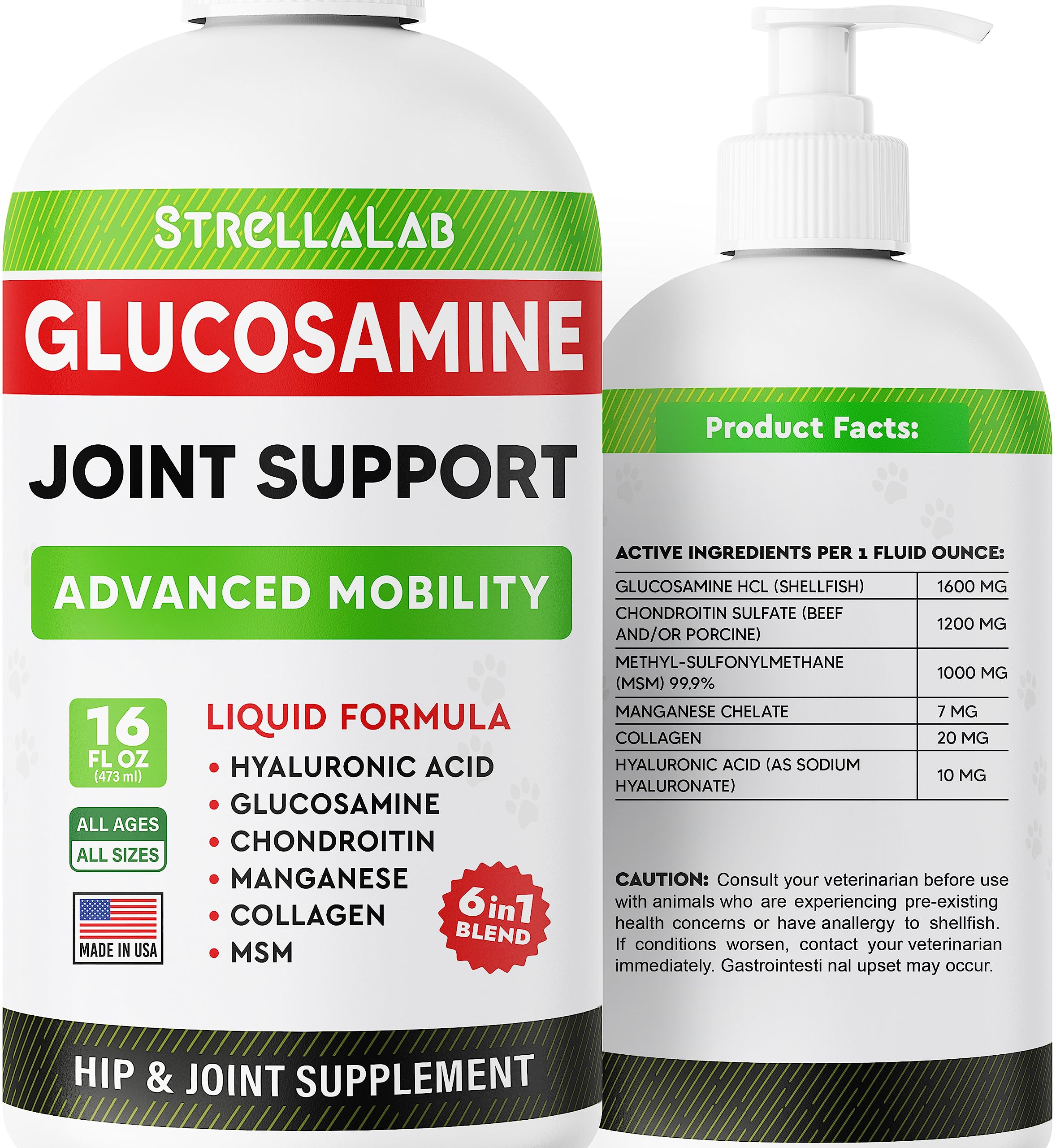 StrellaLab Liquid Glucosamine for Dogs (16 OZ) - All-Natural Hip & Joint Supplement for Dogs, Glucosamine Chondroitin Liquid, MSM & Collagen for Dogs Mobility, Joint Pain Relief for Small & Large Dogs