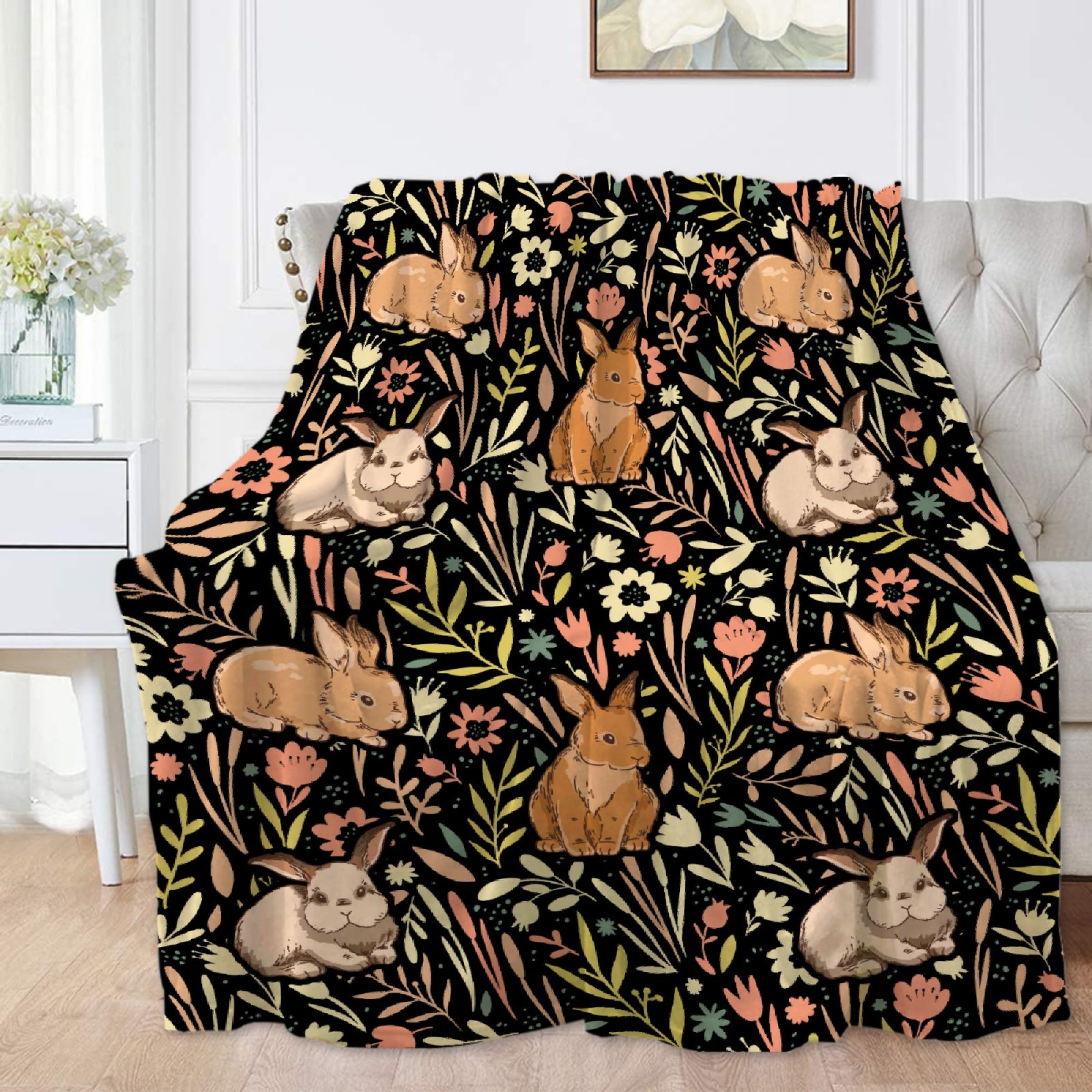 Vajrayogini Cartoon Rabbit Floral Blanket Print Soft Lightweight Warm Cozy Plush for Bedding Couch Practical Gift Universal M 50*60 in for Teen/Travel