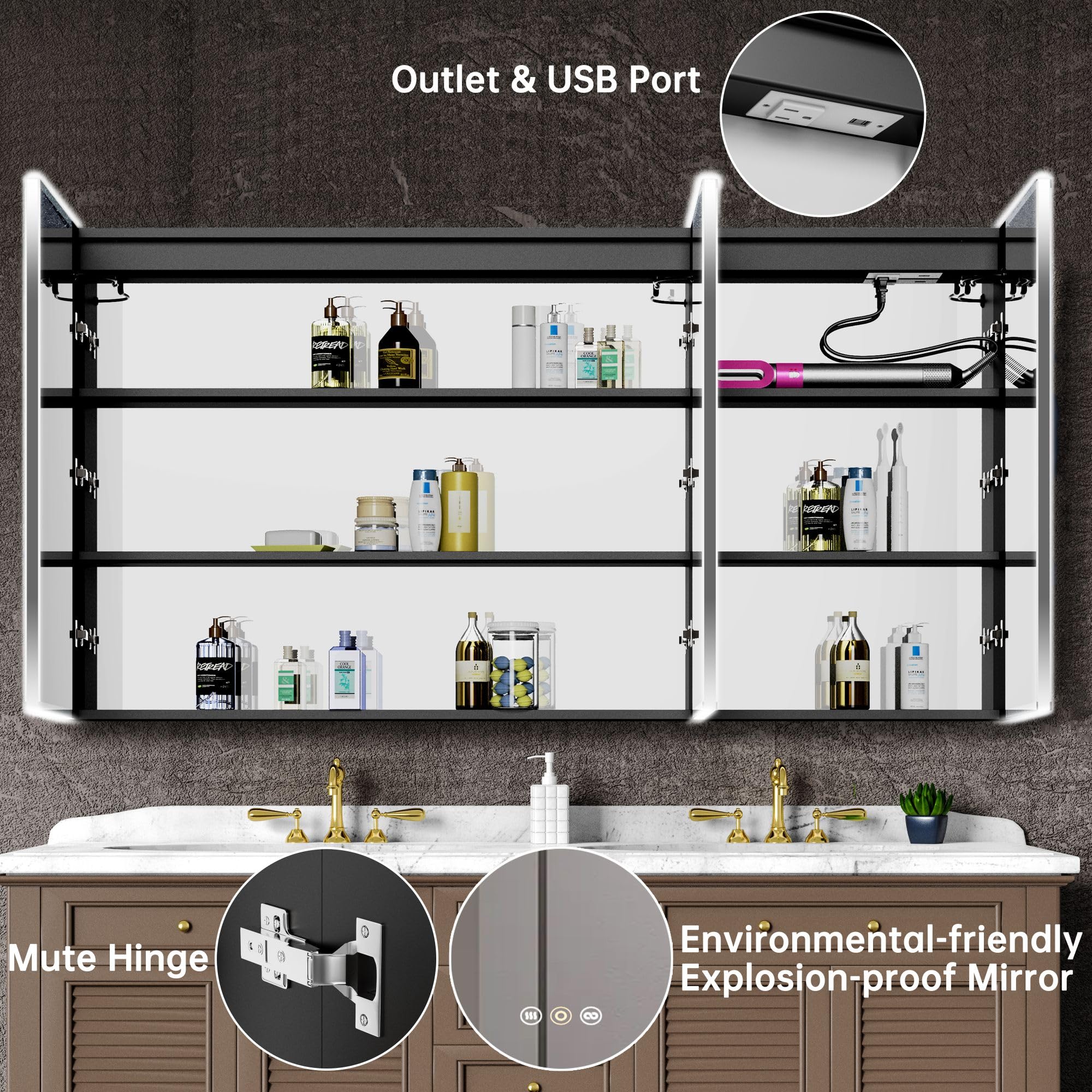 tunuo Medicine Cabinets for Bathroom with Mirror, 60”W x 36”H Wall Mounted LED Medicine Cabinet Mirror with Defogger, Dimmer, Outlets & USB, Three Doors