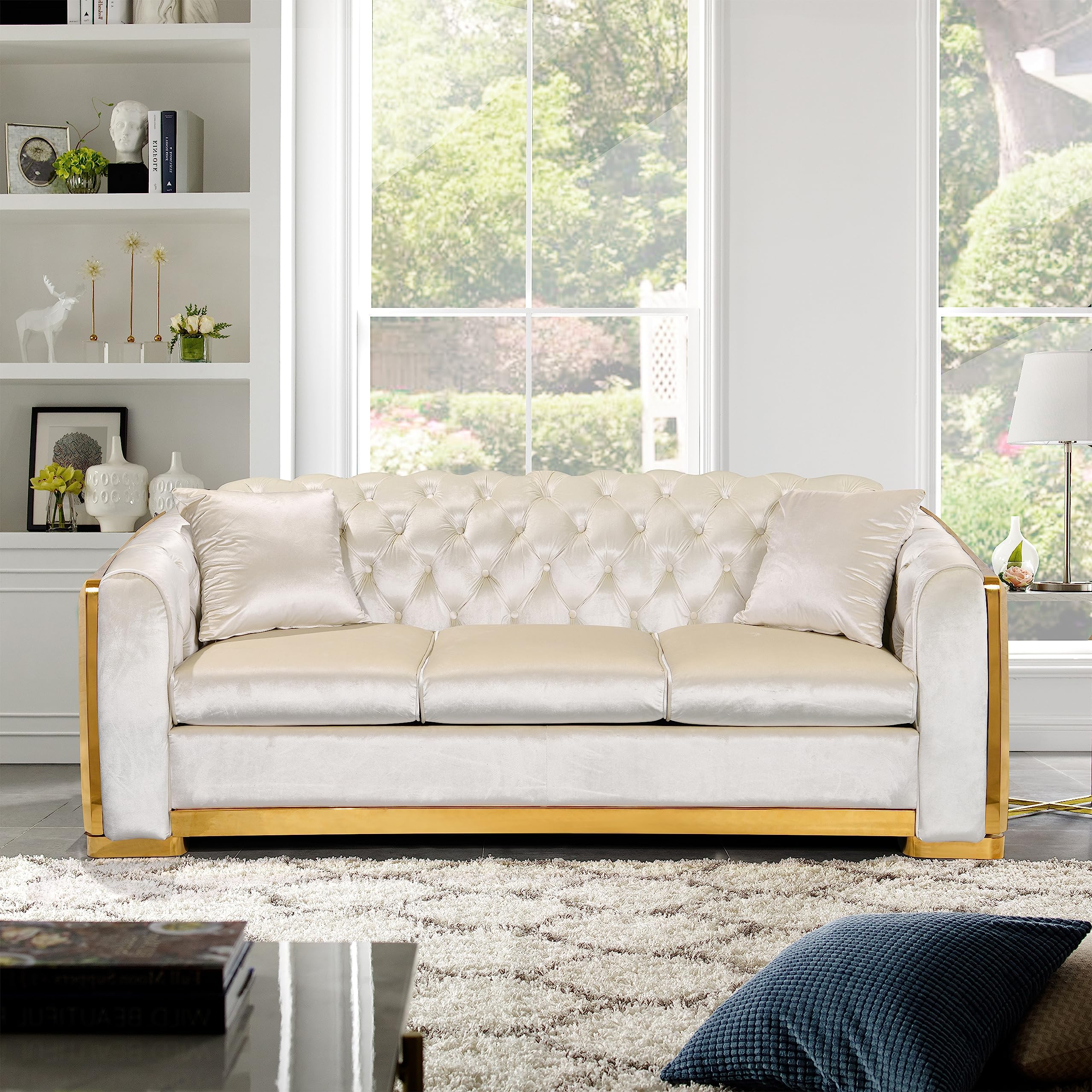 kevinplus 81'' Velvet Chesterfield Sofa Couch for Living Room, Modern Tufted Upholstered 3-Seat Sofa Couch with Stainless Steel Gold Plating Decoration for Apartment Office, Beige & Gold