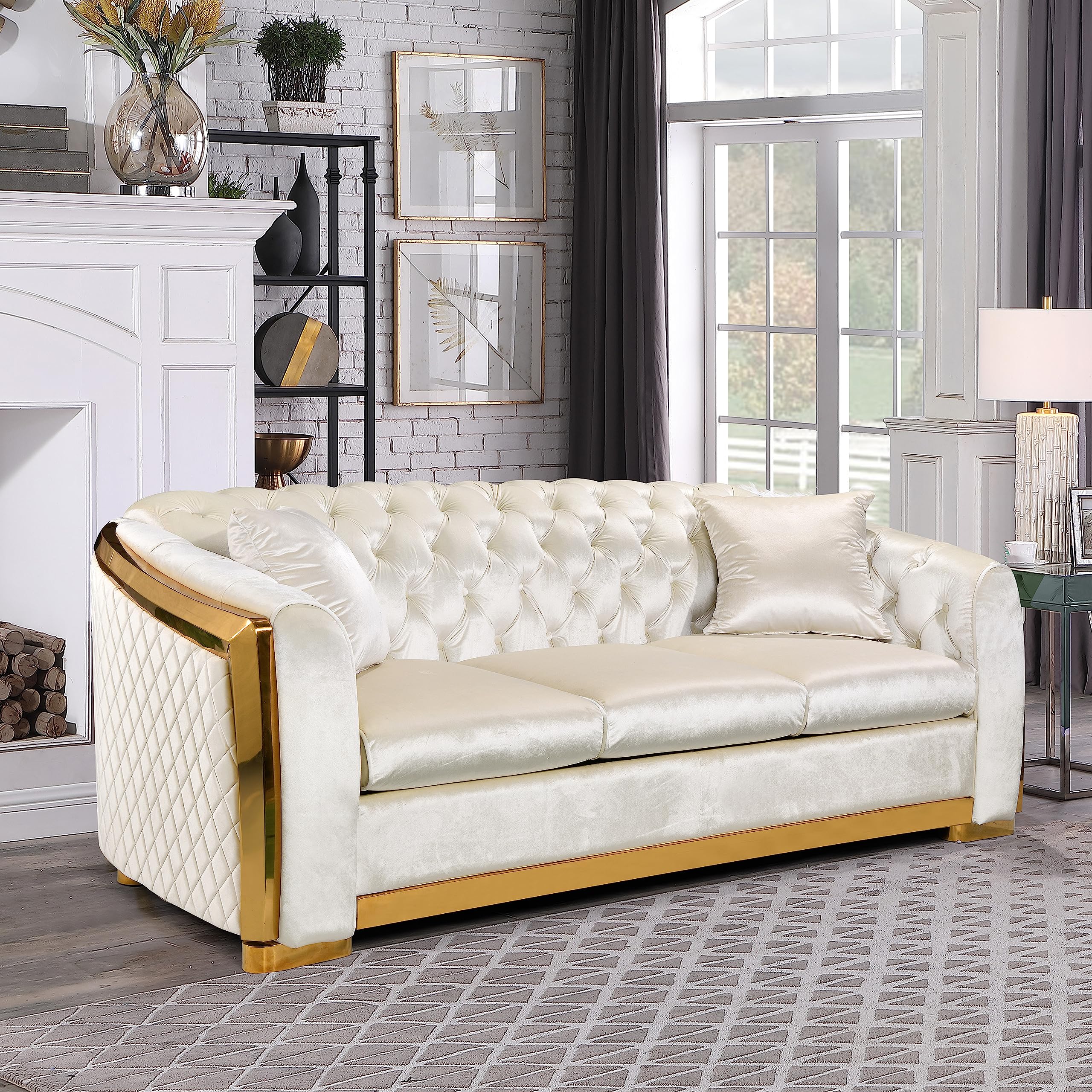 kevinplus 81'' Velvet Chesterfield Sofa Couch for Living Room, Modern Tufted Upholstered 3-Seat Sofa Couch with Stainless Steel Gold Plating Decoration for Apartment Office, Beige & Gold