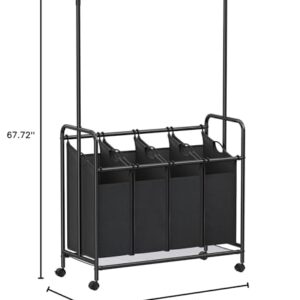 4-Bag Rolling Laundry Sorter with Hanging Bar Heavy-Duty Wheels Larger Bags Black Polyester