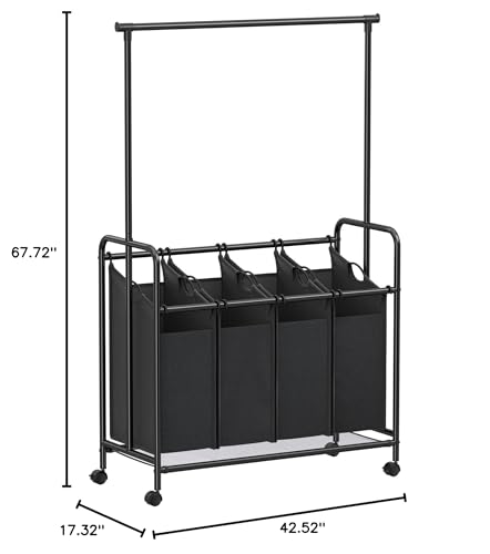 4-Bag Rolling Laundry Sorter with Hanging Bar Heavy-Duty Wheels Larger Bags Black Polyester