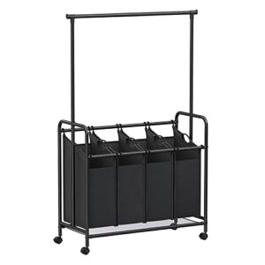 4-Bag Rolling Laundry Sorter with Hanging Bar Heavy-Duty Wheels Larger Bags Black Polyester