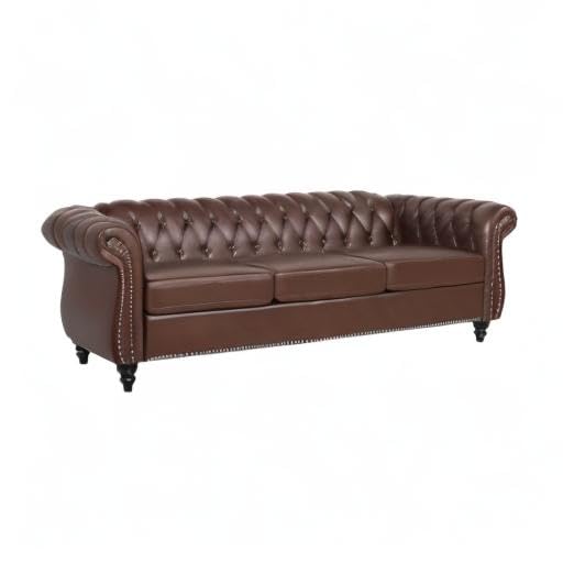 Yuxuanhang 84" Chesterfield Couch PU Leather, Modern Rolled Arm Tufted Back 3 Seater Sofa, Upholstery Nailhead Trim Couches for Living Room Office (Dark Brown)