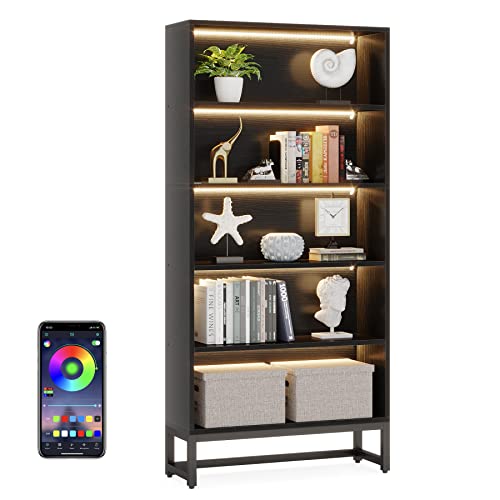 Tribesigns Tall Bookcase Black Bookshelf, 70.8” Large Bookcases Organizer with LED Lights, Heavy Duty Free-Standing Library Bookshelf with 5-Tier Storage Shelves for Living Room, Bedroom (Black)