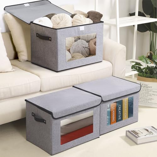 YheenLf Fabric Storage boxes,Storage Baskets for Shelves with Lids, Fabric Storage Bins with Handles, Decorative Linen Closet Organizers Boxes,Small, Gray, 1-Pack