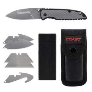 COAST SHIFT, EDC Replaceable Blade Folding Knife, Liner Lock, Double Lock, Pocket Clip, Thumb Studs for Everyday Carry, Sheath Included, Grey/Black, for Hunting, Fishing, Camping, Outdoor Use